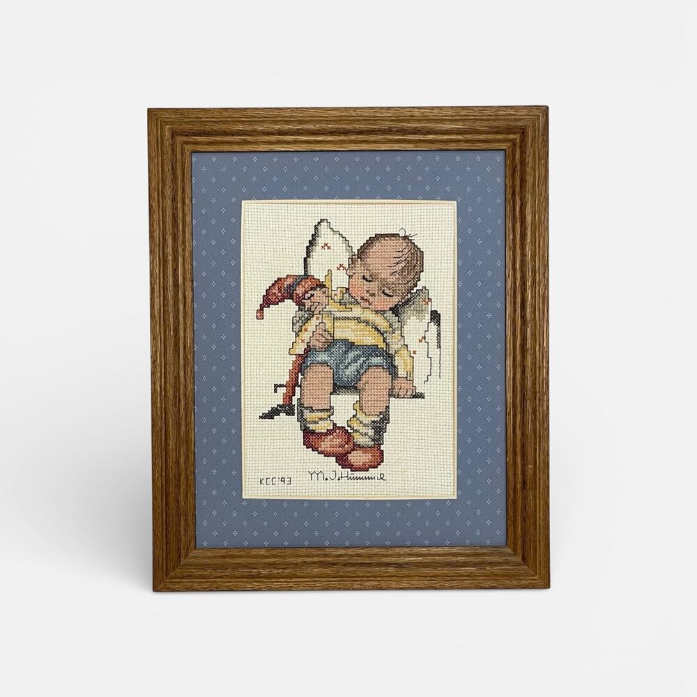 Vtg Framed Cross Stitch Weekenders 02762 Sleepy Time Angel Baby Nursery Art 1993